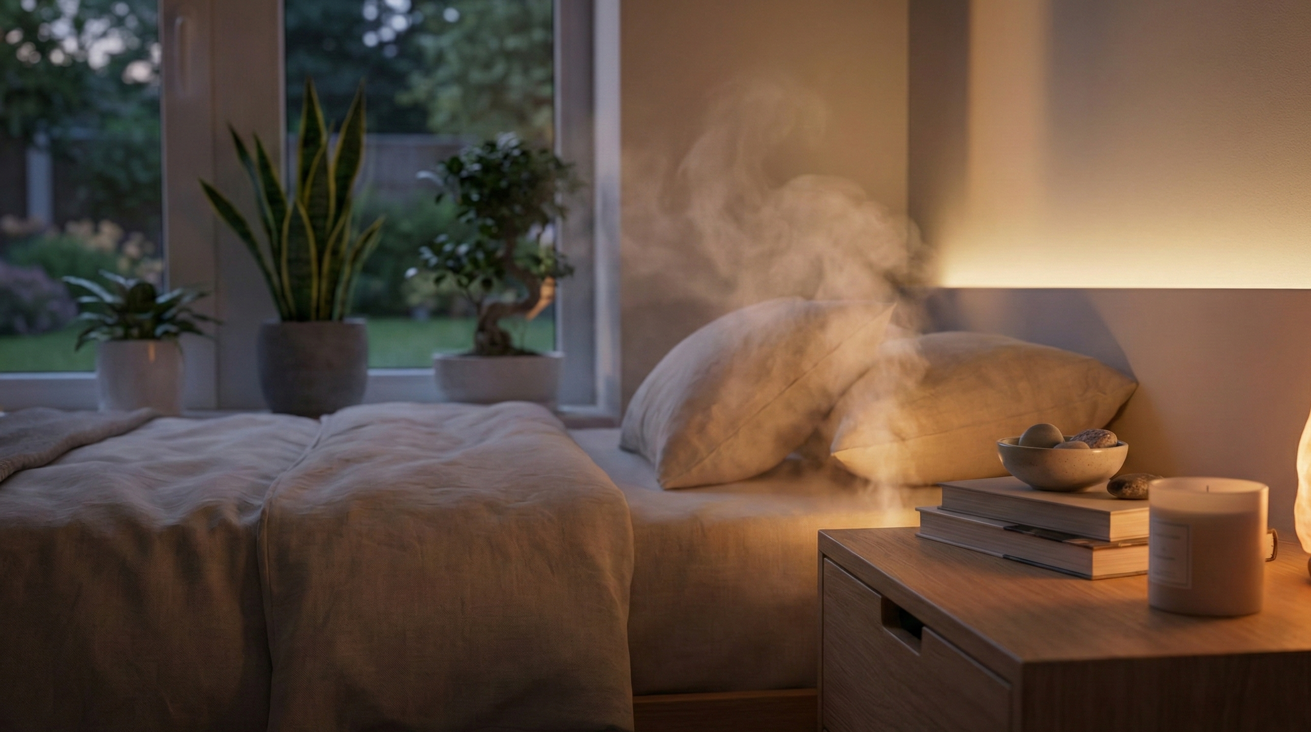 Cozy bedroom with a lit lamp, books, and plants near a window. humidifier, pruifier.